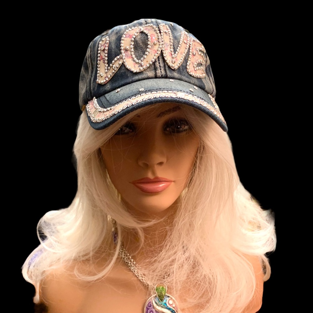 Mixed Media Adjustable Denim Baseball Cap Silver Studs